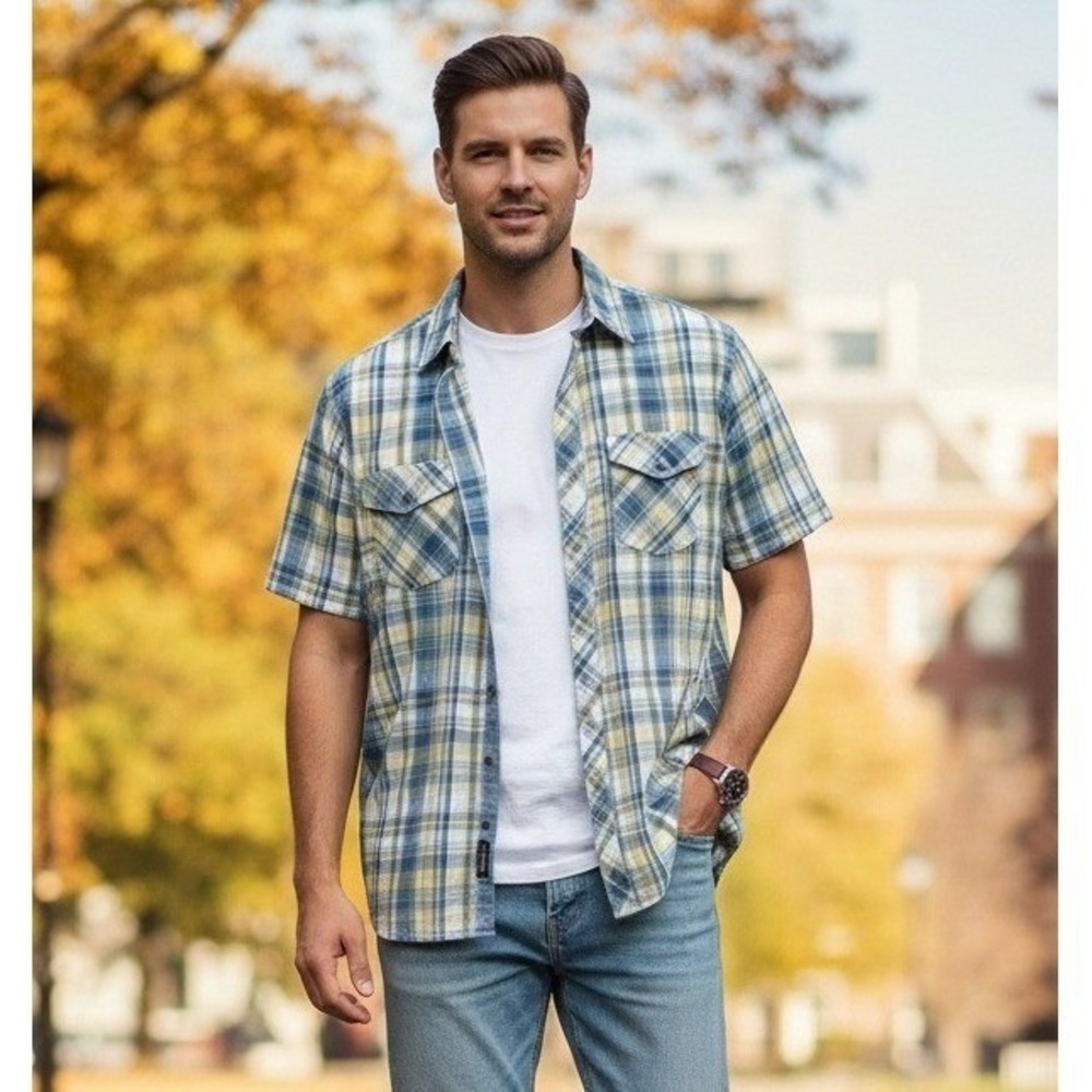 Kuhl Suncel Plaid Button Up Short Sleeve Shirt Mens M Yellow Blue Hiking Outdoor